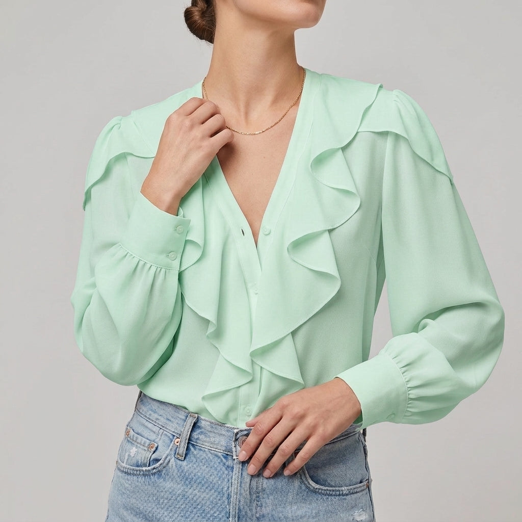 Beatrice Ruffled V-Neck Blouse | Relaxed Fit Long Sleeve Blouse