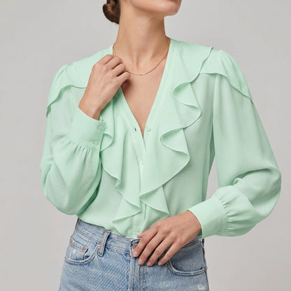 Beatrice Ruffled V-Neck Blouse | Relaxed Fit Long Sleeve Blouse