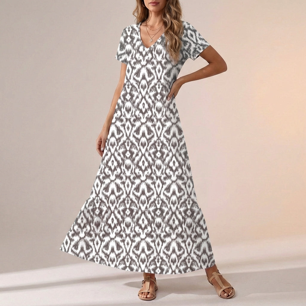 Freya Ikat Print Maxi Dress | V-Neck Ruffled Hem Dress