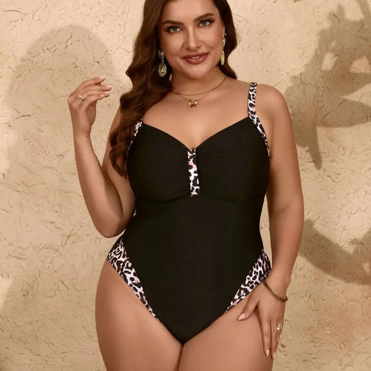 Liliana Swimwear | Black Leopard Print V-Neck One Piece Swimsuit