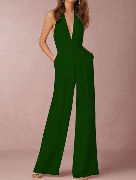Lilibeth Jumpsuit | Elegant Deep V-Neck Halter Jumpsuit