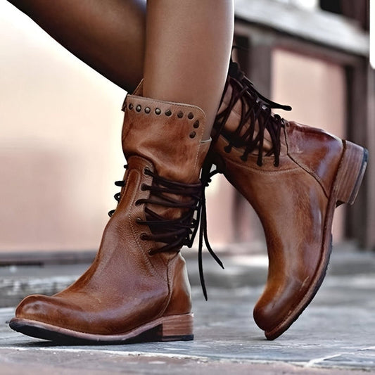 Sienna  Lace-Up Mid-Calf Boots | Studded Low Heel Boots