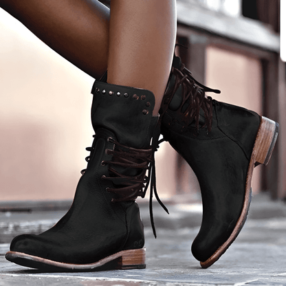Sienna  Lace-Up Mid-Calf Boots | Studded Low Heel Boots
