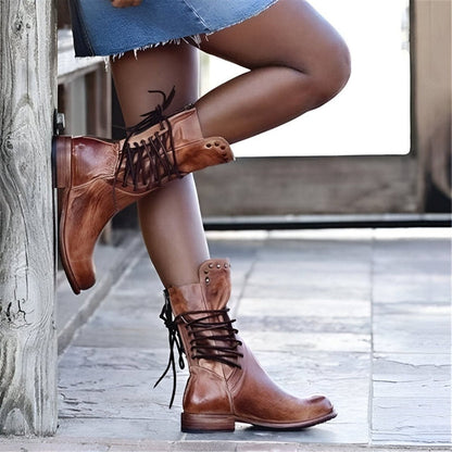 Sienna  Lace-Up Mid-Calf Boots | Studded Low Heel Boots