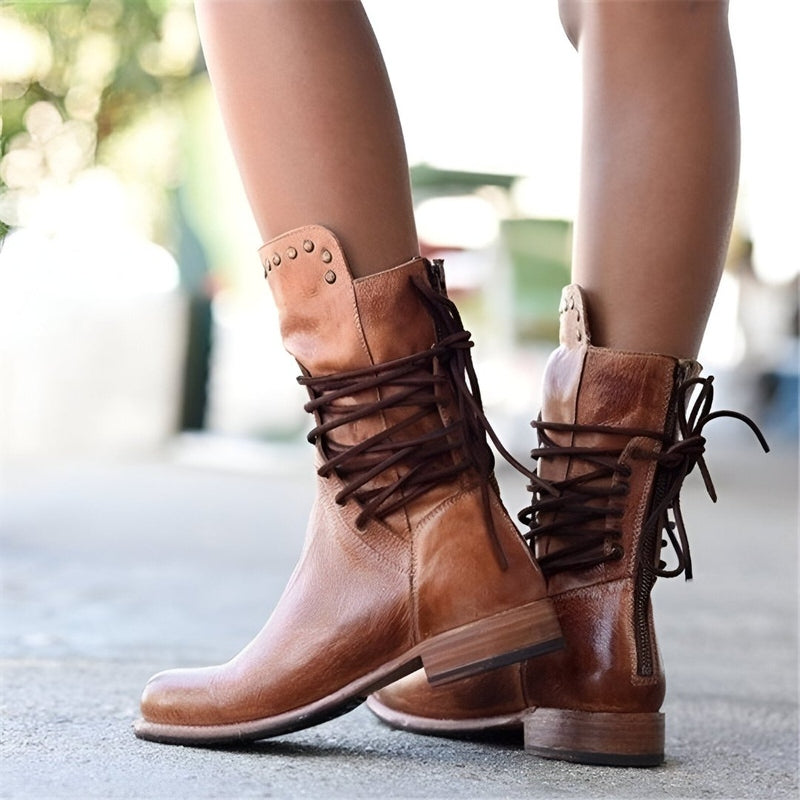 Sienna  Lace-Up Mid-Calf Boots | Studded Low Heel Boots