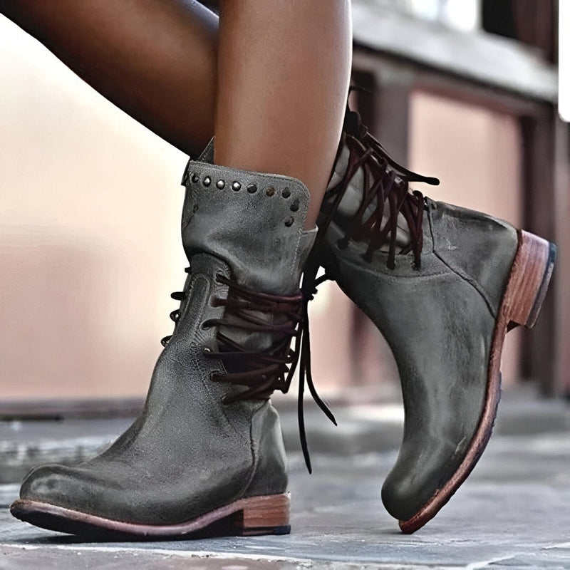 Sienna  Lace-Up Mid-Calf Boots | Studded Low Heel Boots