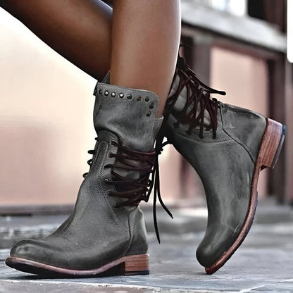 Sienna  Lace-Up Mid-Calf Boots | Studded Low Heel Boots