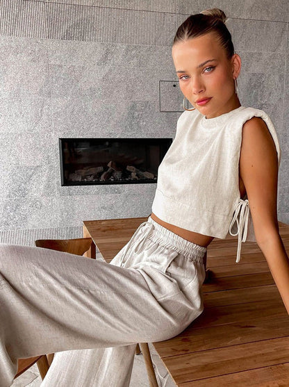 Lizzette Set | Linen Sleeveless Top and Wide Leg Pants Set