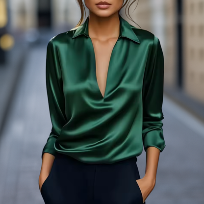 Siena Draped Blouse | Deep V-Neck Collared Long Sleeve Blouse