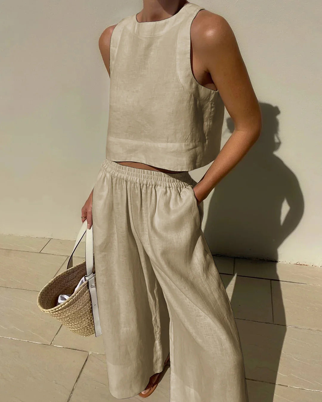 Lucienne Set | Casual Linen Sleeveless Capri Pants Set