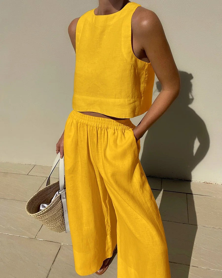 Lucienne Set | Casual Linen Sleeveless Capri Pants Set