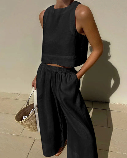 Lucienne Set | Casual Linen Sleeveless Capri Pants Set