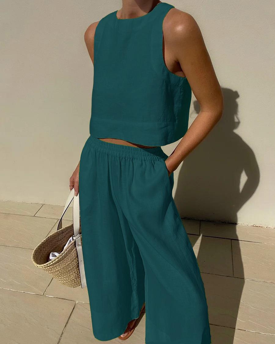 Lucienne Set | Casual Linen Sleeveless Capri Pants Set