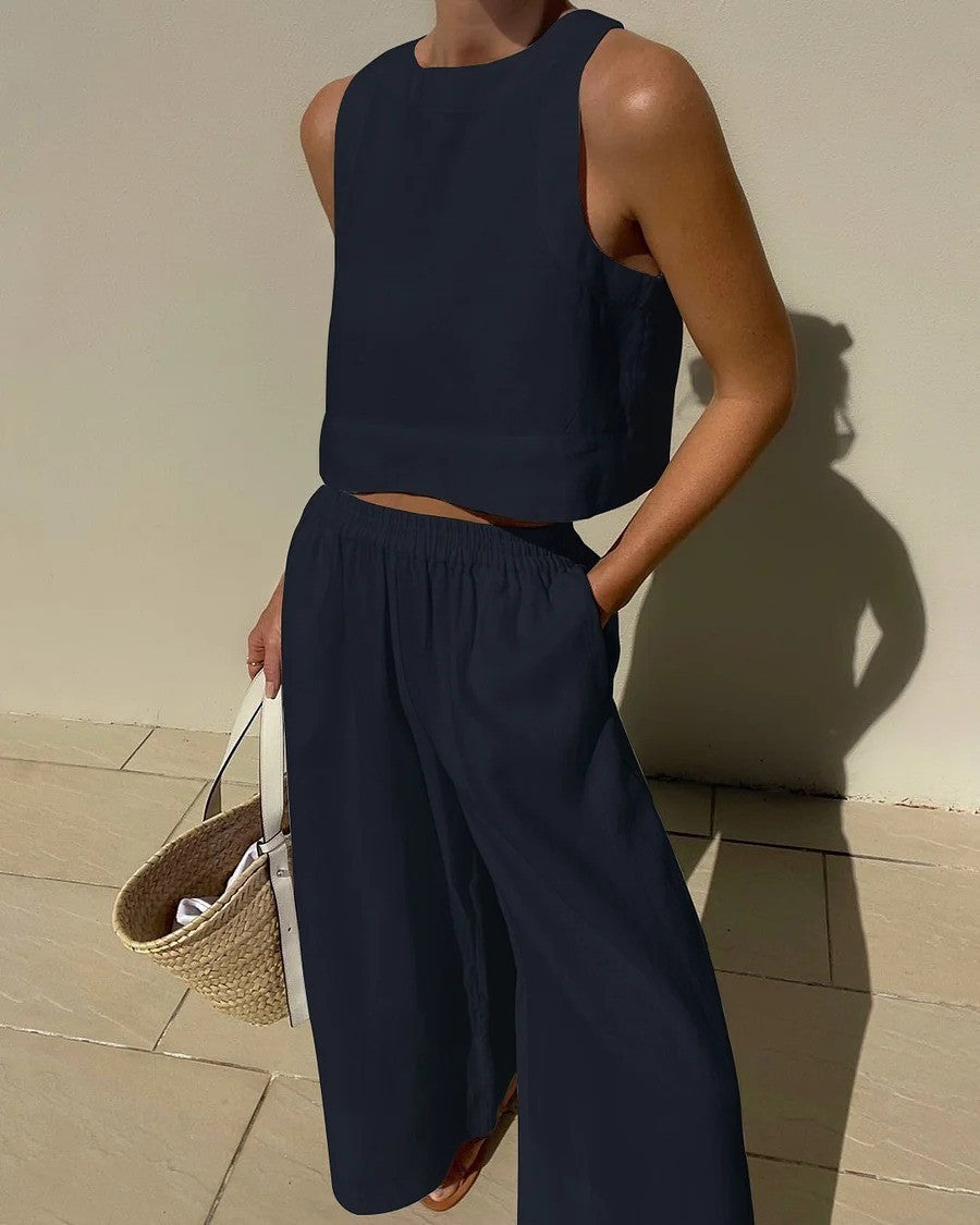Lucienne Set | Casual Linen Sleeveless Capri Pants Set