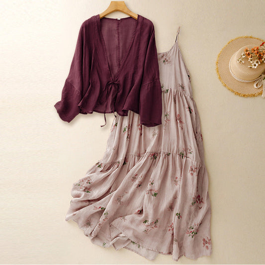 Grace Relaxed Fit Tie-Front Cardigan And Maxi Dress Two-Piece Set | V-Neck Cropped And Sleeveless Dress