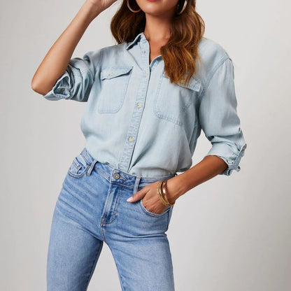 Isla Relaxed Fit Denim Shirt | Collared Long Sleeve Denim Shirt