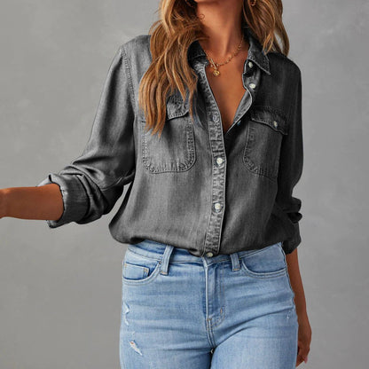 Isla Relaxed Fit Denim Shirt | Collared Long Sleeve Denim Shirt