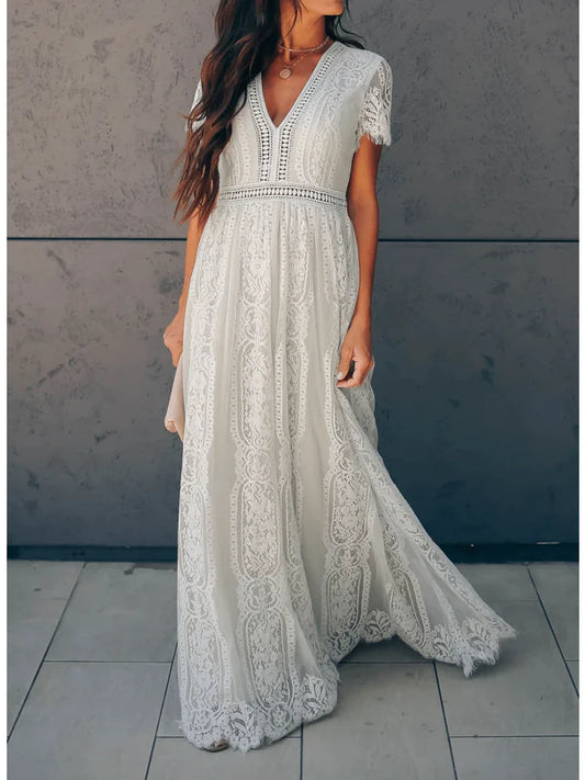 Maribel Dress | Summer Short Sleeve Classic Long Lace Dress