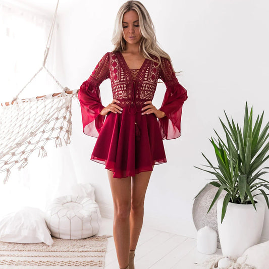 Mariyah Dress | Long Sleeve Lace-Up V-Neck Mini Dress