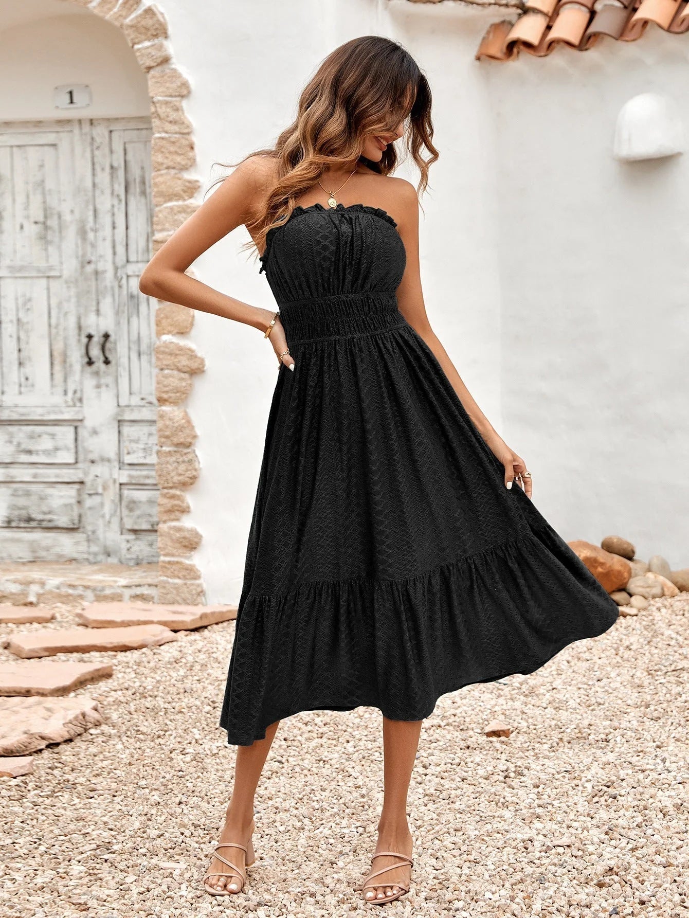 Marni Dress | Black Strapless Flowy Midi Dress