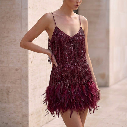 Sofia Feathered Mini Straight Fit Cocktail Dress | Spaghetti Strap Sleeveless Dress