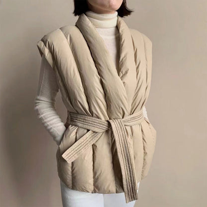 Sienna Belted Wrap Front Relaxed Fit Puffer Vest | Shawl Collar Sleeveless Puffer Vest