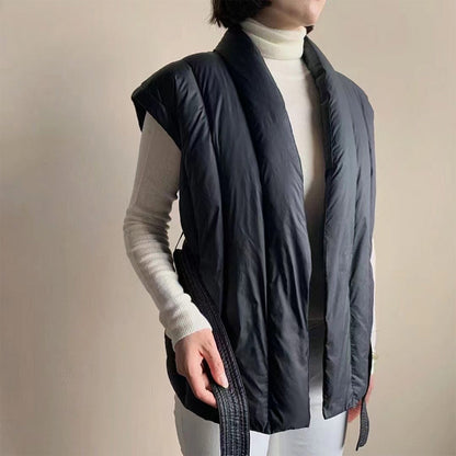 Sienna Belted Wrap Front Relaxed Fit Puffer Vest | Shawl Collar Sleeveless Puffer Vest