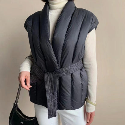 Sienna Belted Wrap Front Relaxed Fit Puffer Vest | Shawl Collar Sleeveless Puffer Vest