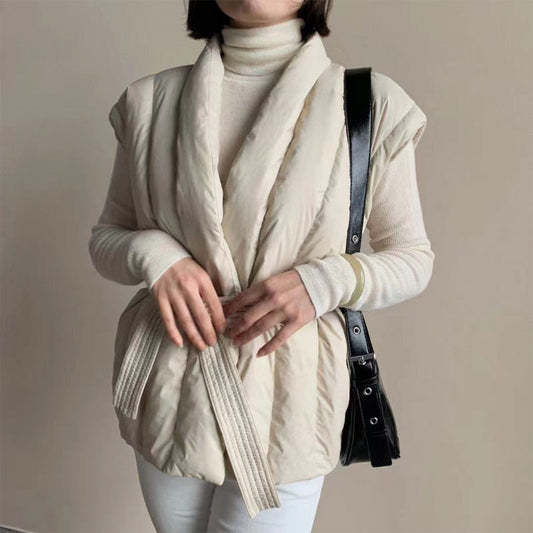 Sienna Belted Wrap Front Relaxed Fit Puffer Vest | Shawl Collar Sleeveless Puffer Vest