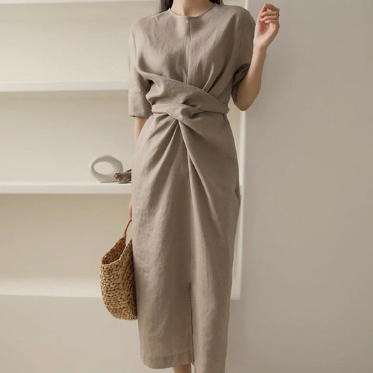 May Dress | Waist Twisted Pleated Cotton Linen Dress