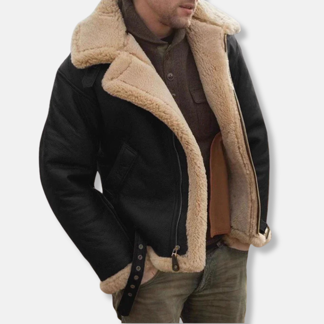 Men’s Aviator Jacket – Leather Look – Shearling Trim – Buckle Straps – Zip Closure