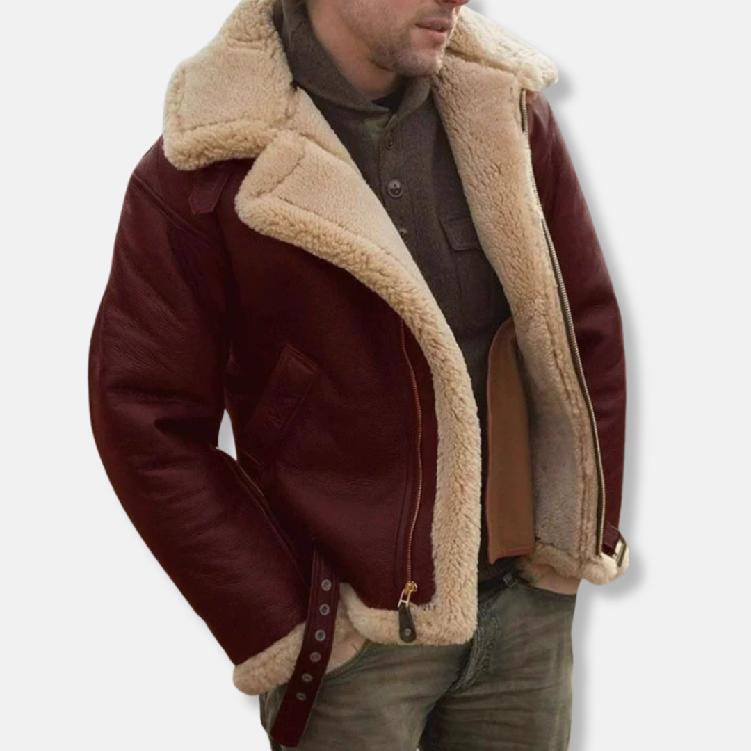 Men’s Aviator Jacket – Leather Look – Shearling Trim – Buckle Straps – Zip Closure