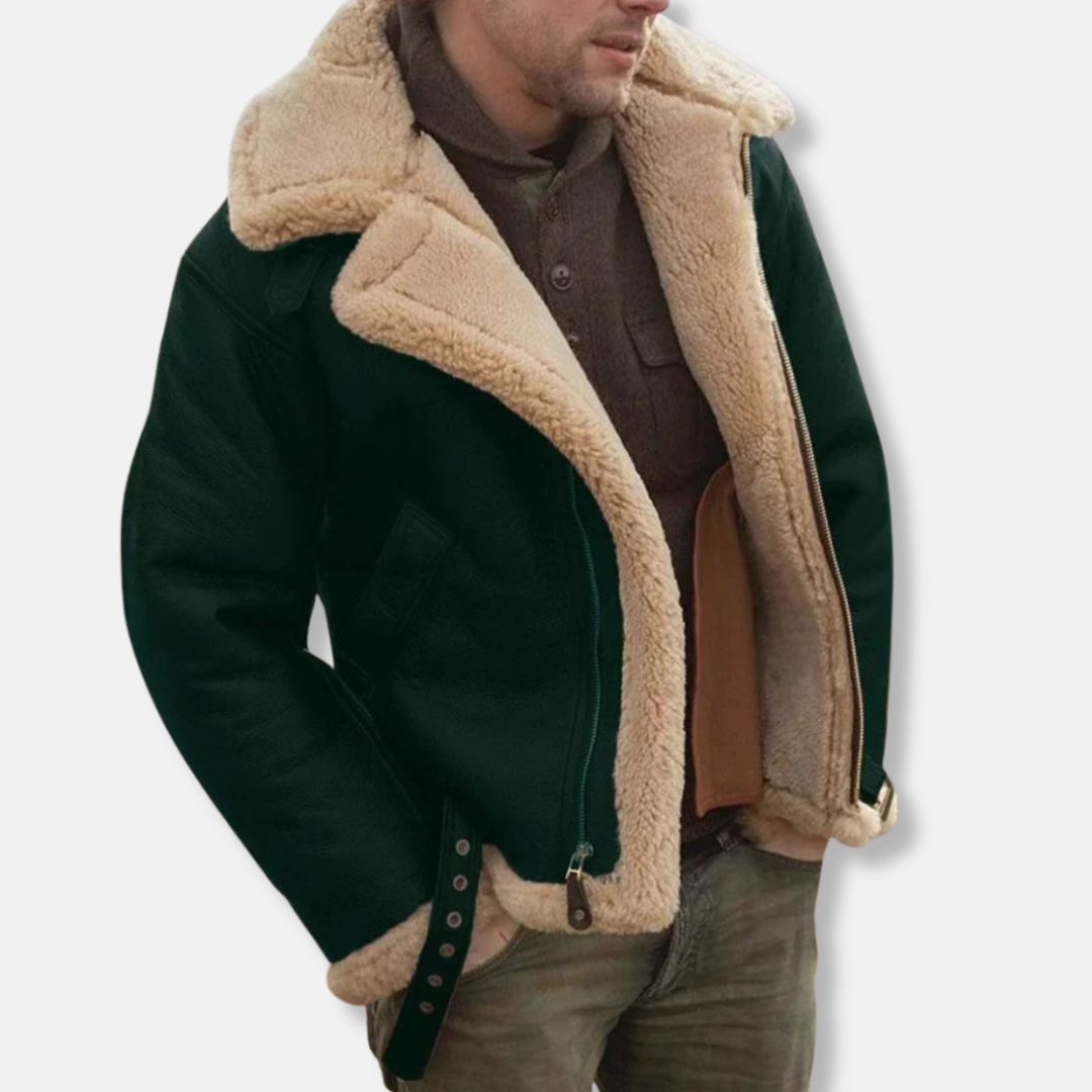 Men’s Aviator Jacket – Leather Look – Shearling Trim – Buckle Straps – Zip Closure