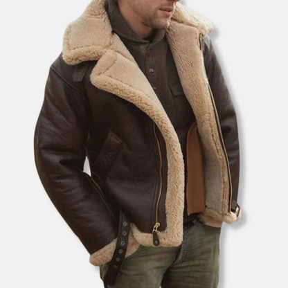 Men’s Aviator Jacket – Leather Look – Shearling Trim – Buckle Straps – Zip Closure