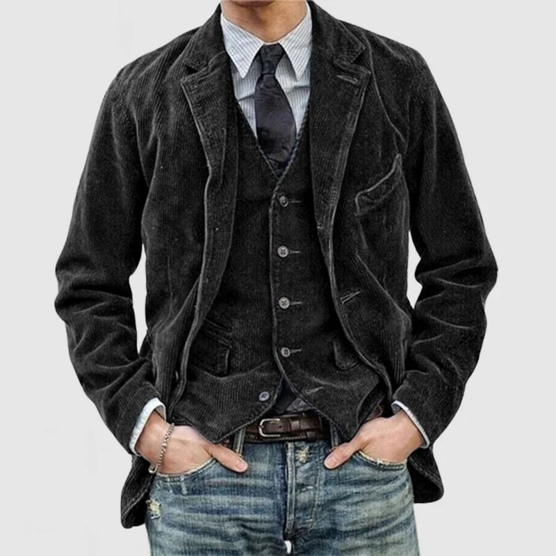 Men’s Blazer and Gilet Set – Relaxed Fit – Ribcord Texture – Single-Breasted Layered Look