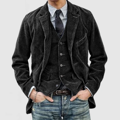 Men’s Blazer and Gilet Set – Relaxed Fit – Ribcord Texture – Single-Breasted Layered Look