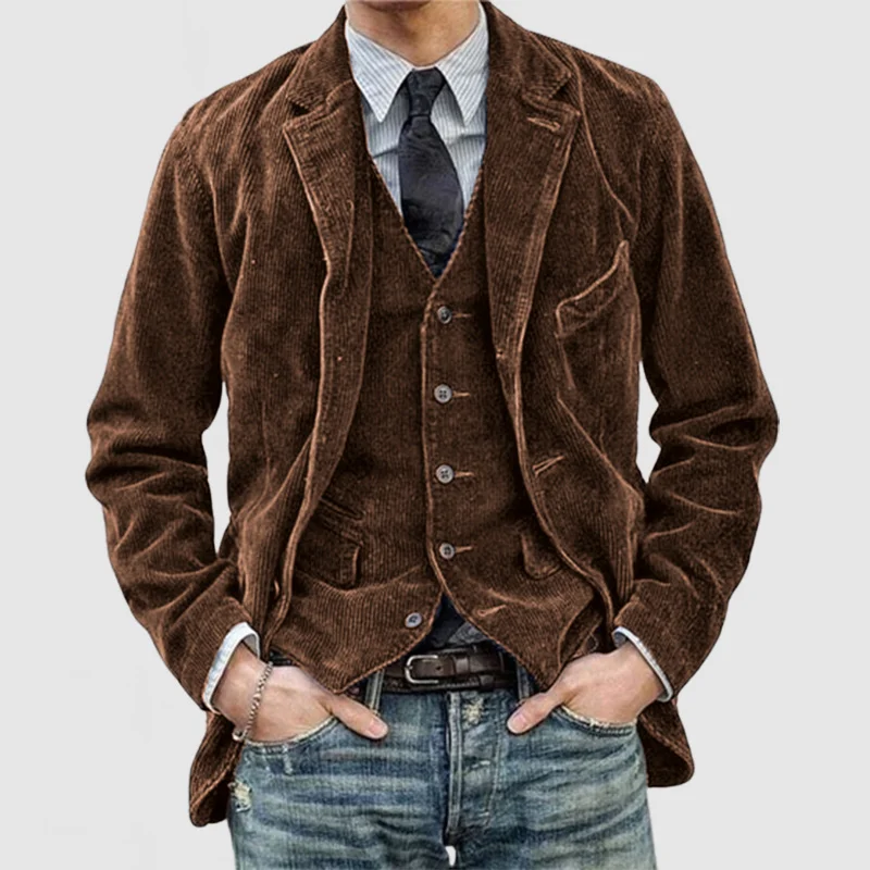Men’s Blazer and Gilet Set – Relaxed Fit – Ribcord Texture – Single-Breasted Layered Look