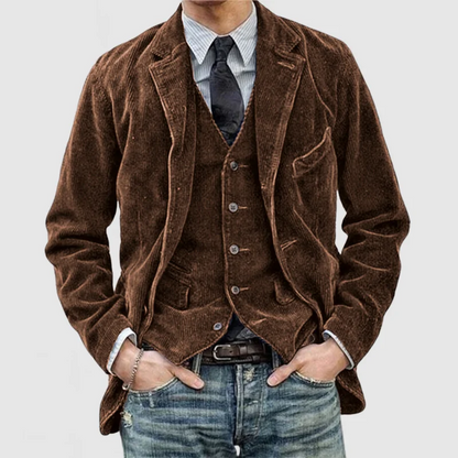 Men’s Blazer and Gilet Set – Relaxed Fit – Ribcord Texture – Single-Breasted Layered Look