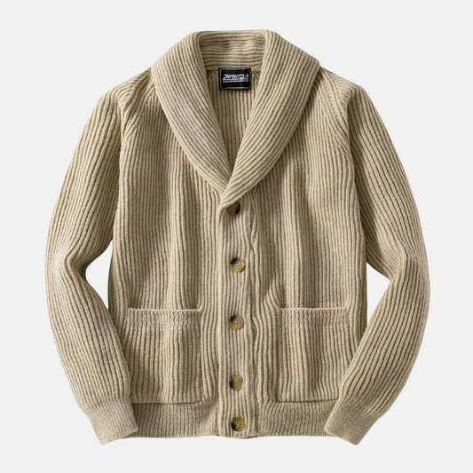 Men’s Cardigan Sweater – Relaxed Fit – Wool Blend – Shawl Collar – Ribbed Knit