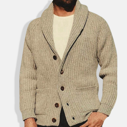 Men’s Cardigan Sweater – Relaxed Fit – Wool Blend – Shawl Collar – Ribbed Knit