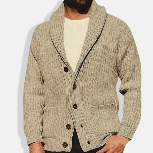 Men’s Cardigan Sweater – Relaxed Fit – Wool Blend – Shawl Collar – Ribbed Knit