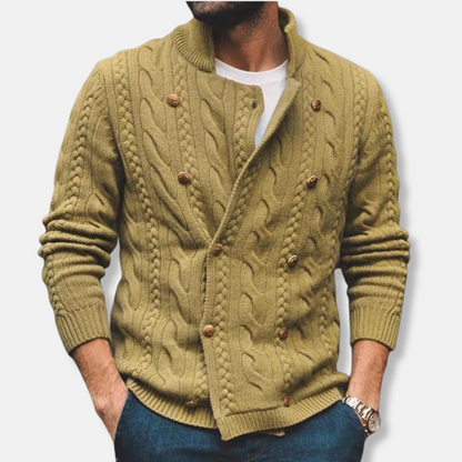 Men’s Cardigan – Wool Blend – Cable Knit – Double-Breasted – Semi-High Collar