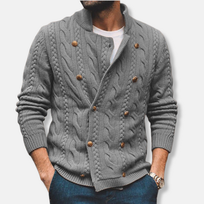 Men’s Cardigan – Wool Blend – Cable Knit – Double-Breasted – Semi-High Collar