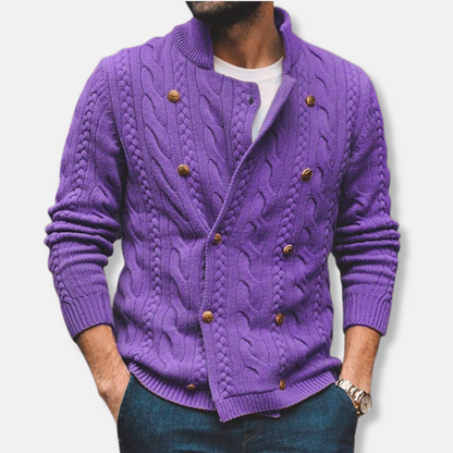 Men’s Cardigan – Wool Blend – Cable Knit – Double-Breasted – Semi-High Collar
