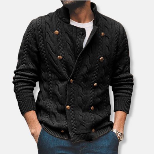 Men’s Cardigan – Wool Blend – Cable Knit – Double-Breasted – Semi-High Collar