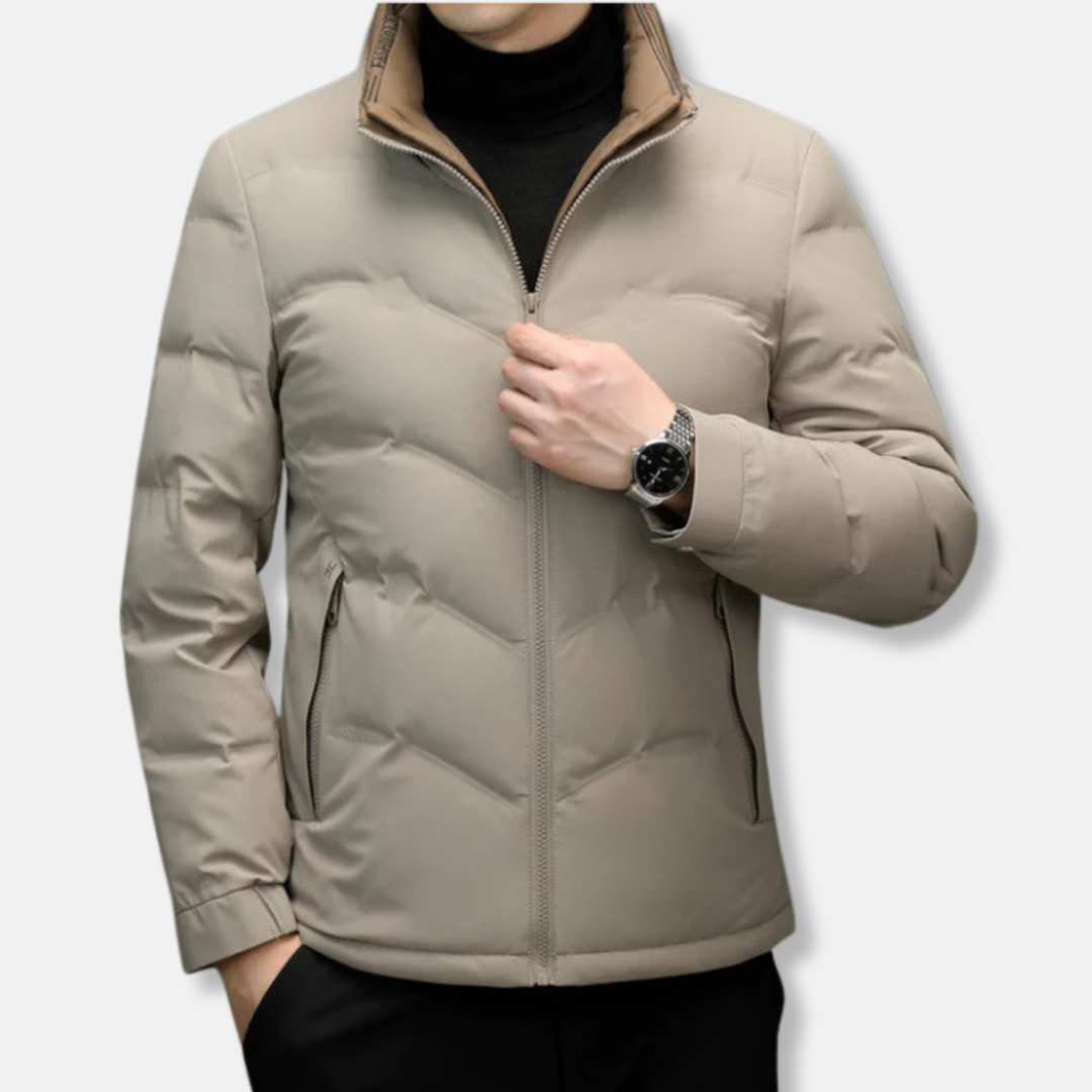 Men’s Down Jacket – Regular Fit – Quilted Chevron – Stand Collar – Zipper Pockets