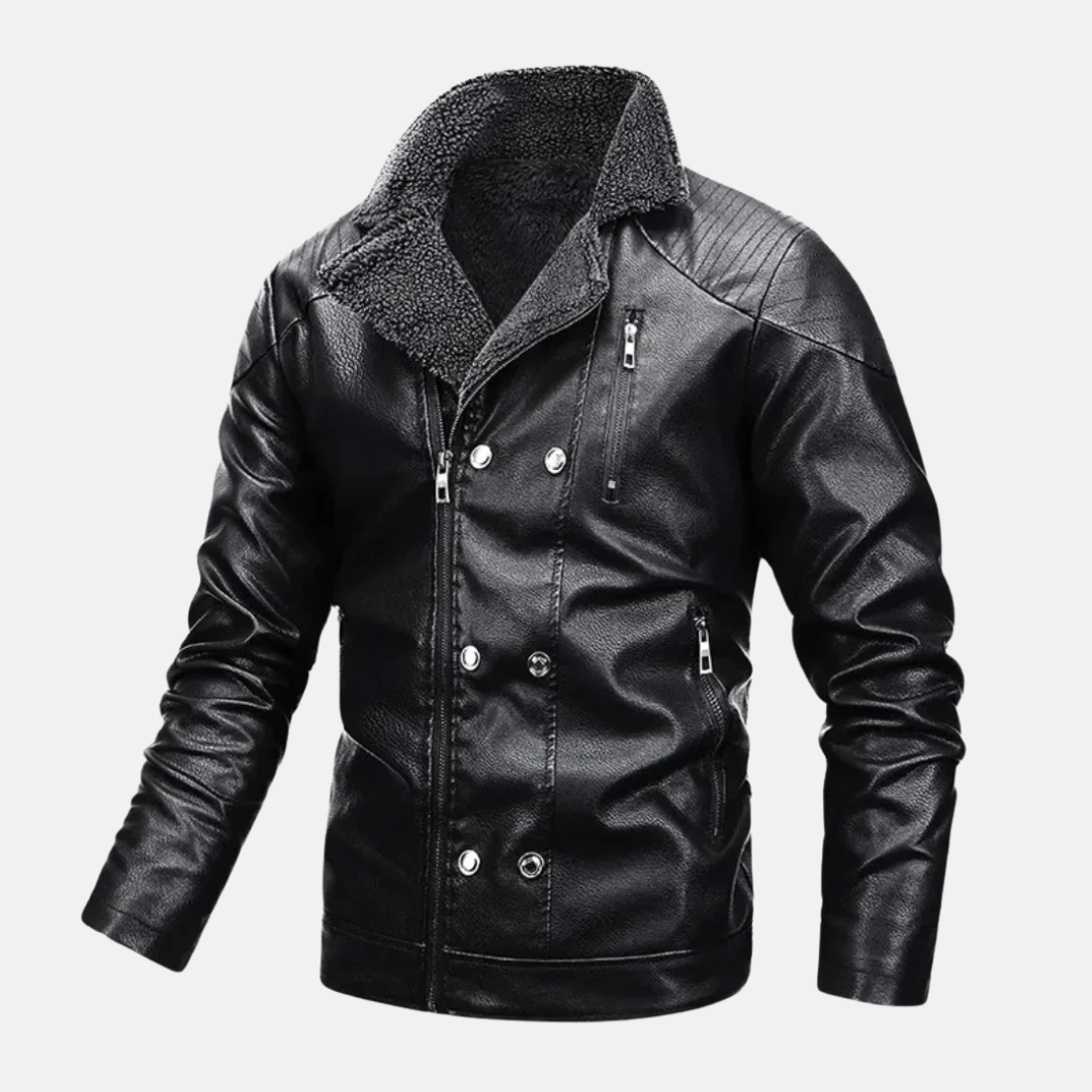 Men’s Faux Leather Jacket – Shearling Lined – Quilted Shoulders – Zip Button Closure
