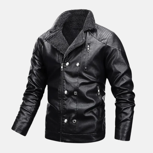 Men’s Faux Leather Jacket – Shearling Lined – Quilted Shoulders – Zip Button Closure