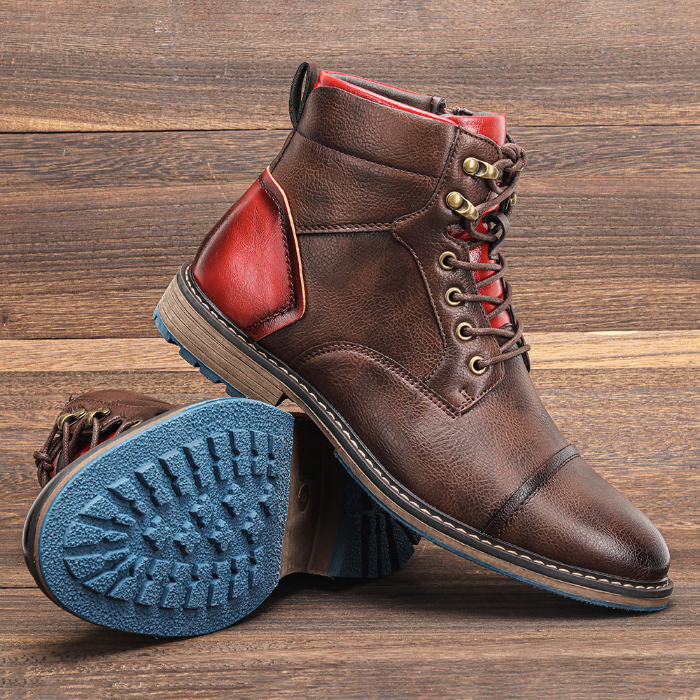 Men’s High-Top Leather Boots – Cap Toe – Lace-Up with Side Zip – Padded Ankle Support