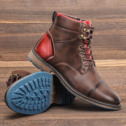 Men’s High-Top Leather Boots – Cap Toe – Lace-Up with Side Zip – Padded Ankle Support